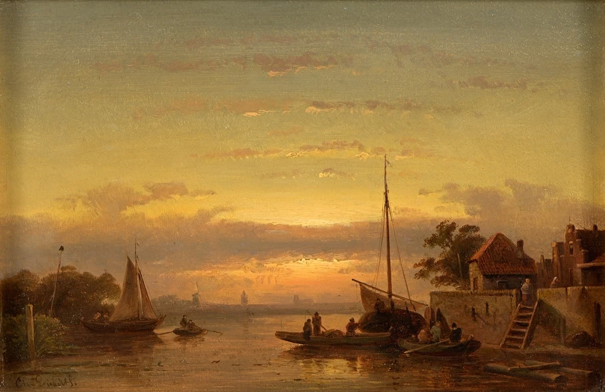 Charles Leickert - Paesaggio fluviale al tramonto